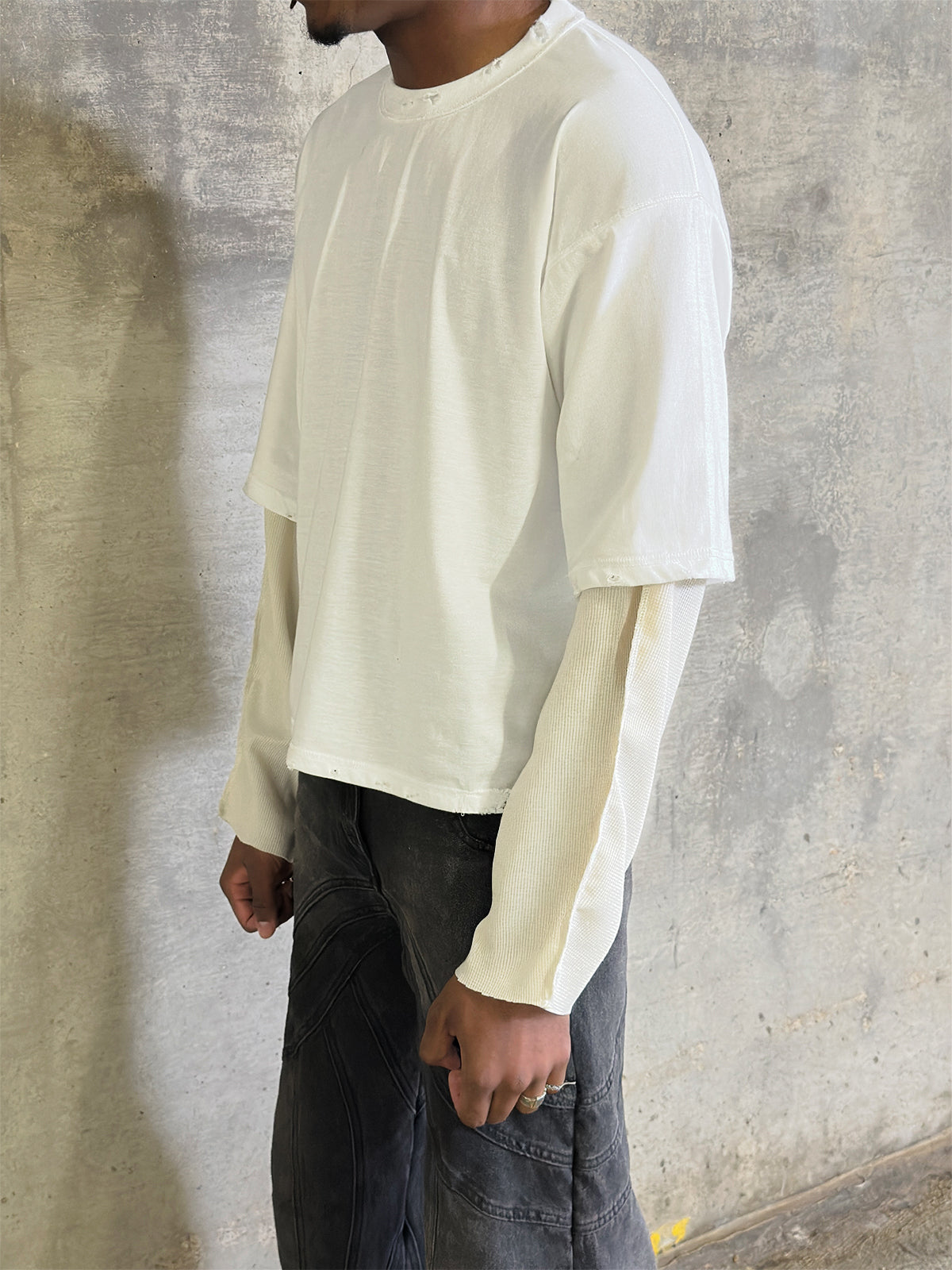 ‘DISTRESSED REVERSE LAYER’ THERMAL TEE WHITE